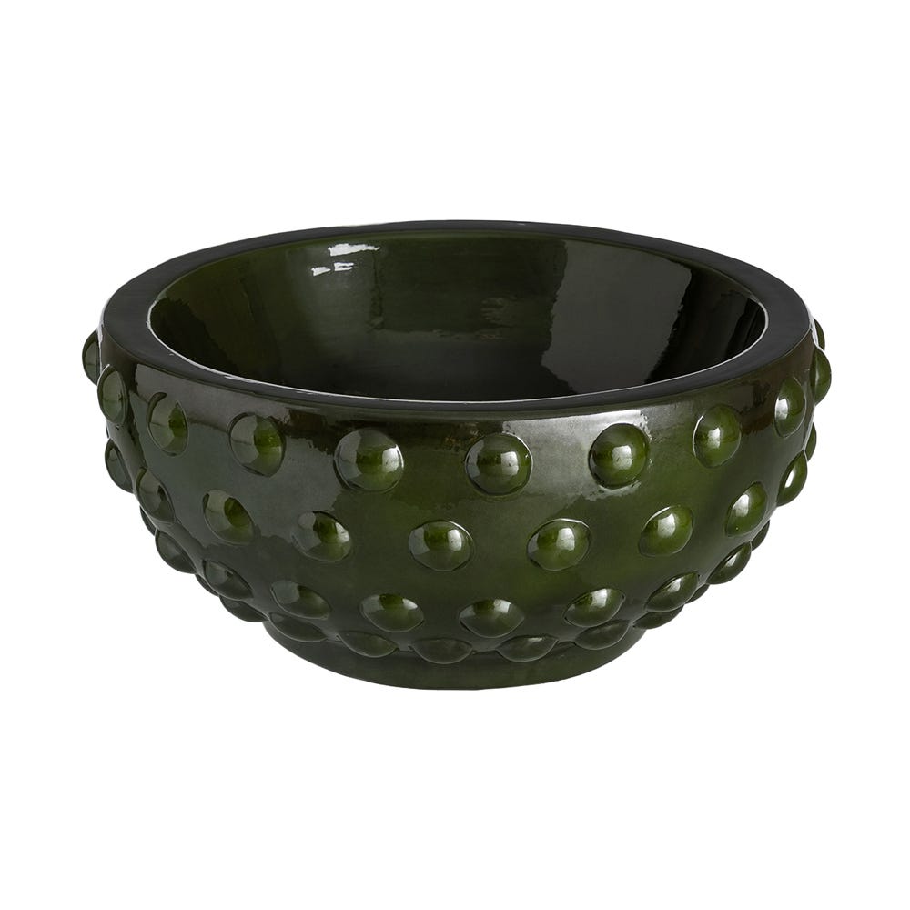Stil de design - Bol decorativ mare din ceramică verde închis lucioasă cu bile în relief și gură largă de 33 cm