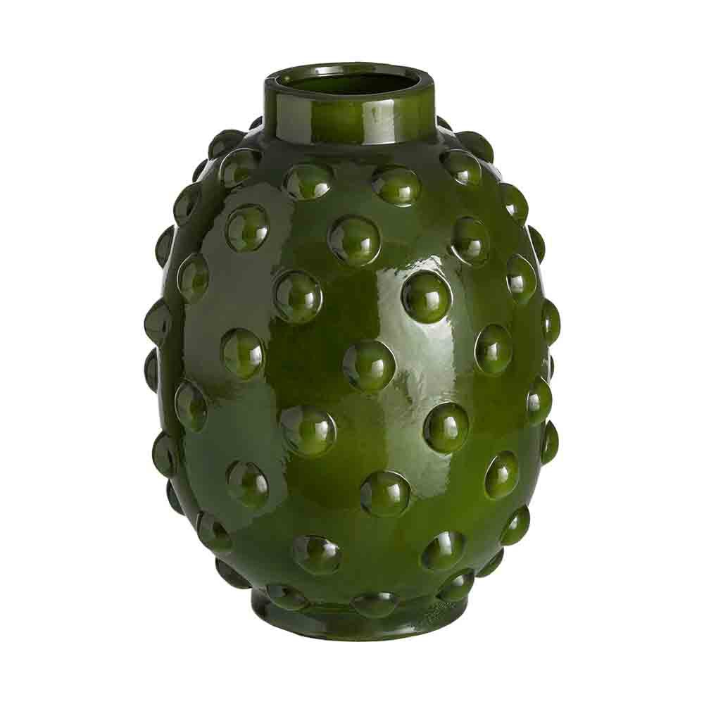 Stil de design - Vază din ceramică verde închis lucioasă cu corp ovoid acoperit cu bile în relief și gât îngust