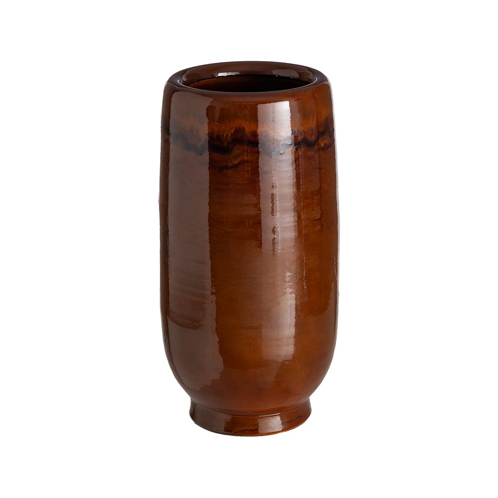 Stil de design - Vază cilindrică înaltă din ceramică maro lucioasă cu glazură cu scurgeri și picior inelar