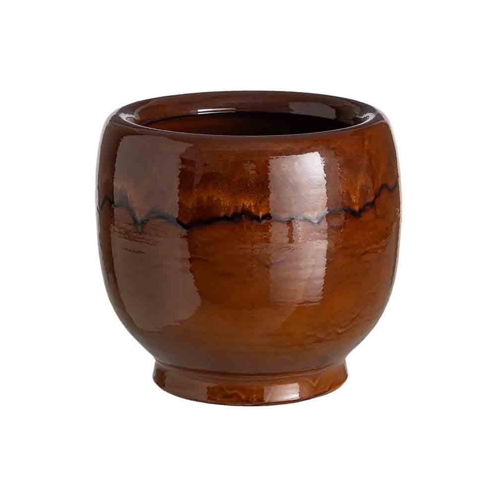 Stil de design - Ghiveci din ceramică maro lucioasă cu glazură cu scurgeri întunecate și picior inelar