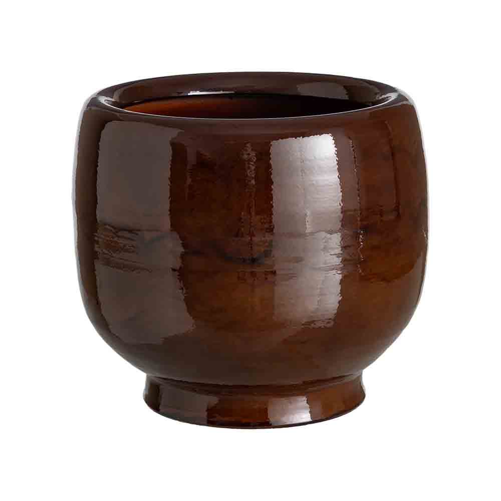 Stil de design - Ghiveci mijlociu din ceramică maro lucioasă cu glazură cu scurgeri întunecate și picior inelar