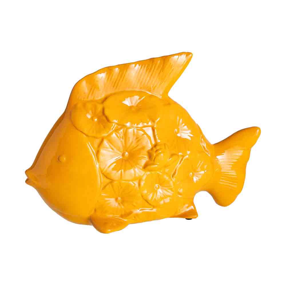 Stil de design - Figurină decorativă mare pește din ceramică galben muștar lucioasă cu solzi în formă de flori