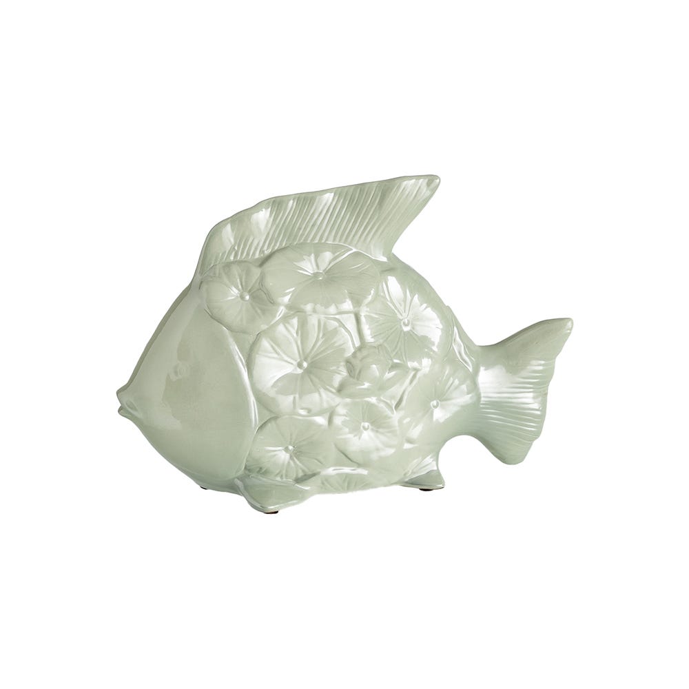 Stil de design - Figurină decorativă mică pește din ceramică verde mentă cu solzi în formă de flori