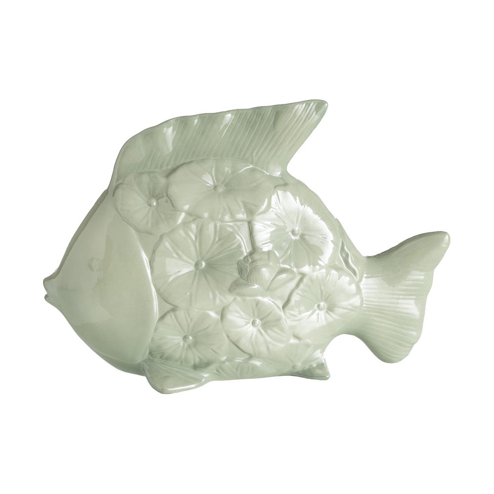 Stil de design - Figurină decorativă mare pește din ceramică verde mentă cu solzi în formă de flori