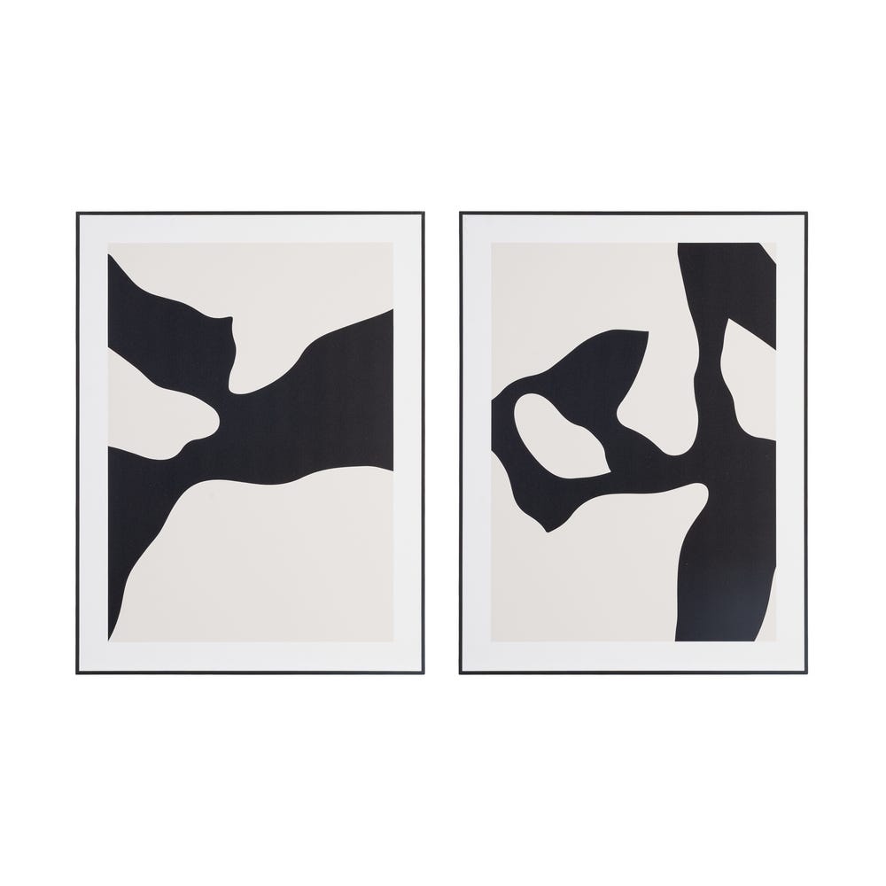 Stil de design - Set 2 tablouri abstracte alb-negru cu forme organice negre pe fond crem în ramă neagră din MDF
