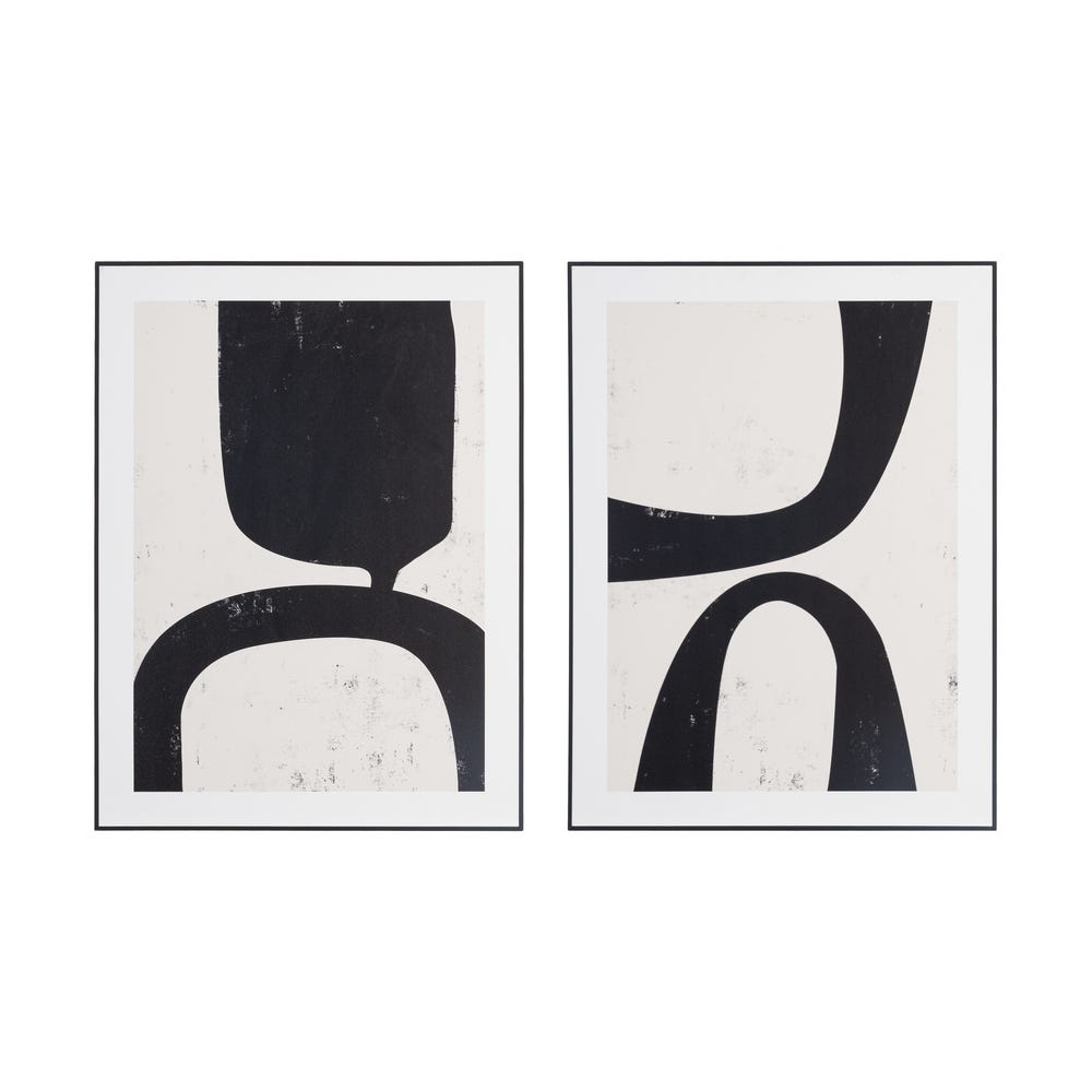 Stil de design - Set 2 tablouri abstracte alb-negru cu arce și coloane negre pe fond crem în ramă neagră din MDF