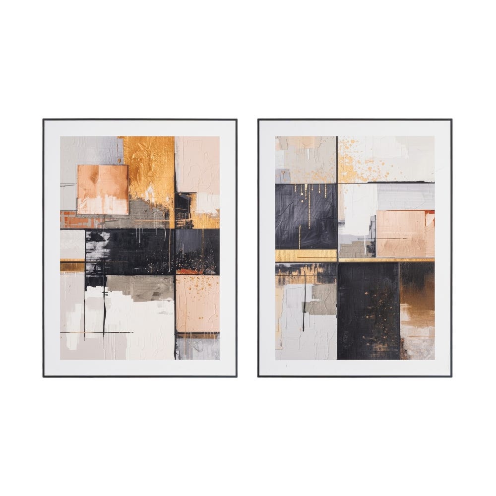 Stil de design - Set 2 tablouri abstracte cu straturi de auriu negru și piersică în stil de colaj în ramă neagră