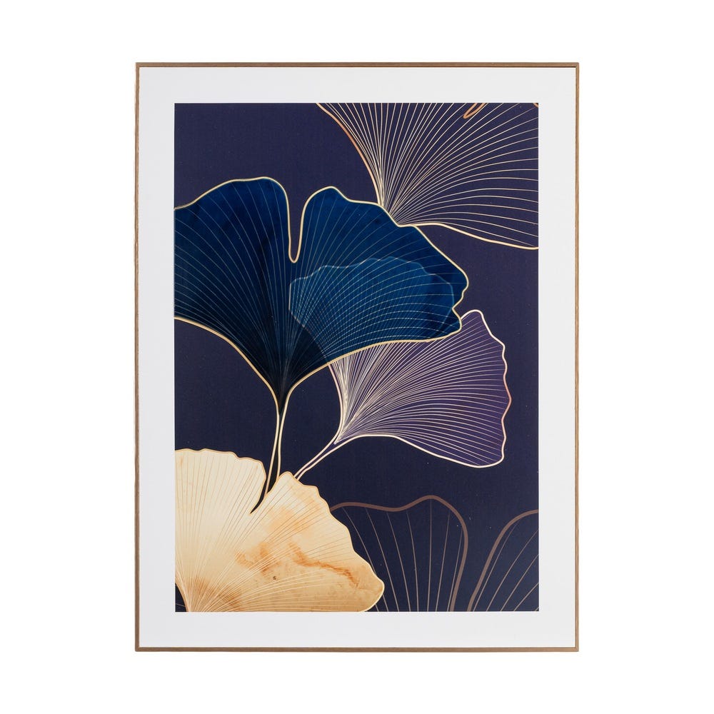 Set 2 tablouri cu frunze de ginkgo aurii pe fond bleumarin cu linii aurii fine în ramă aurie [3]