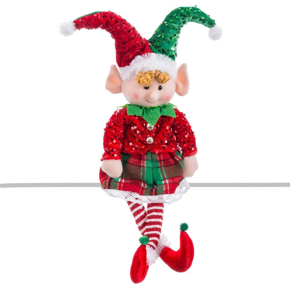 Obiecte decorative - Elf roșu cu picioare lungi așezat din textil cu jachetă cu paiete pantalonași în carouri și căciulă bicoloră