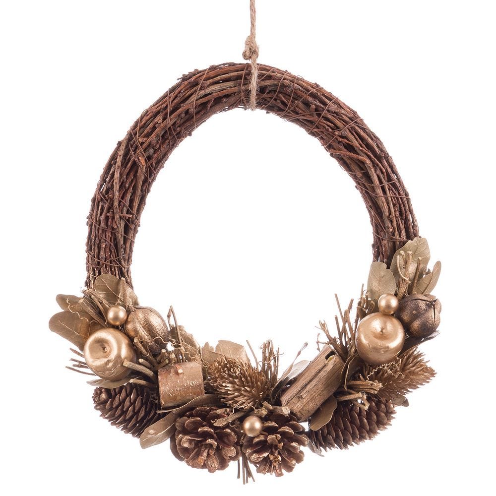 Obiecte decorative - Coroniță de Crăciun din crengi împletite cu conuri de pin mari globuri aurii și frunze aurii