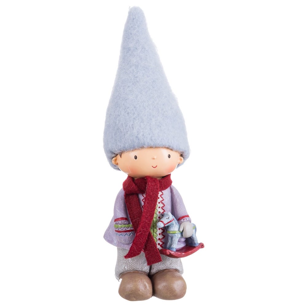Obiecte decorative - Băiețel din rășină cu căciulă înaltă albastră de pâslă fular roșu haină lila și căluț balansoar în brațe