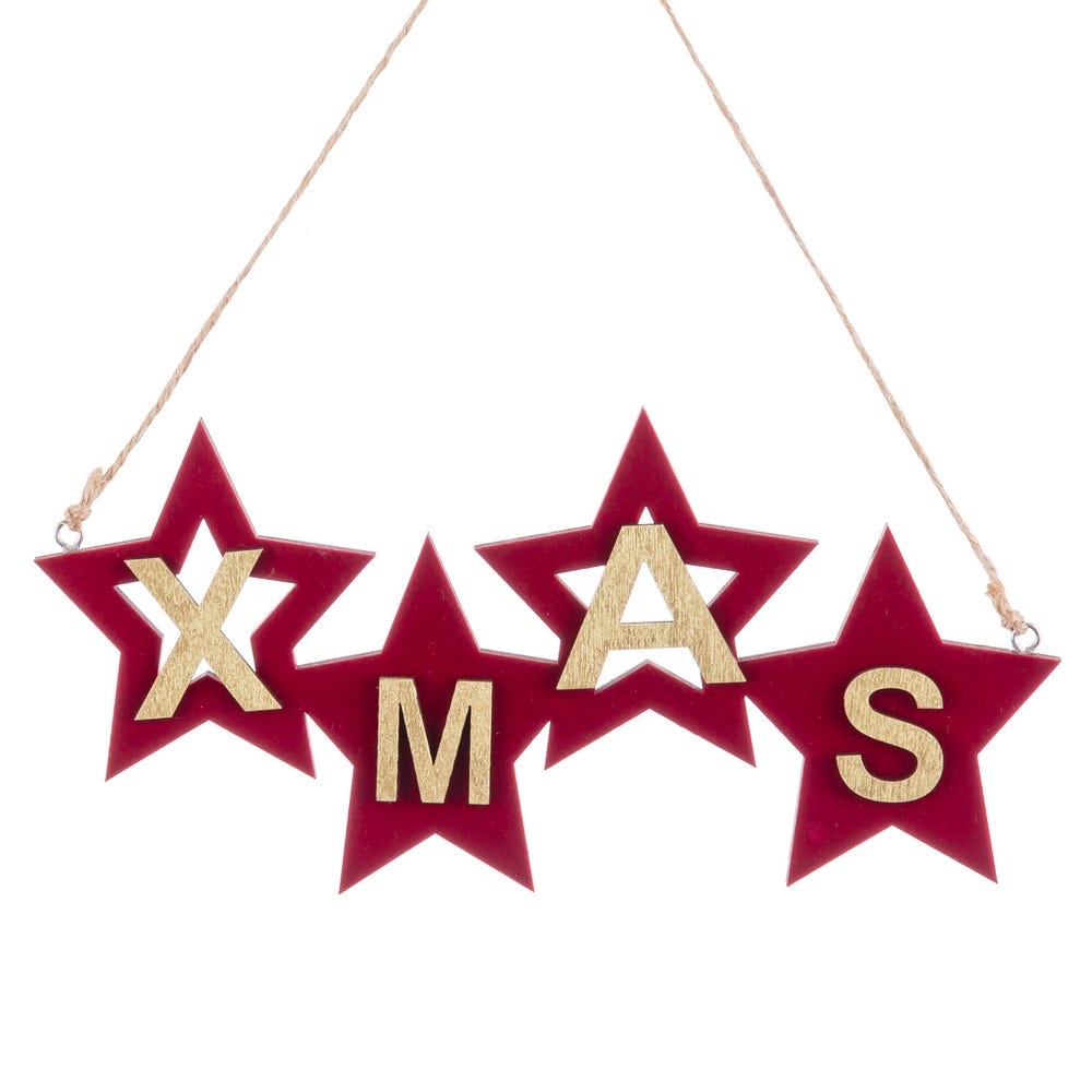 Obiecte decorative - Set 12 ornamente XMAS din patru stele roșii de catifea cu litere aurii din lemn pentru agățat