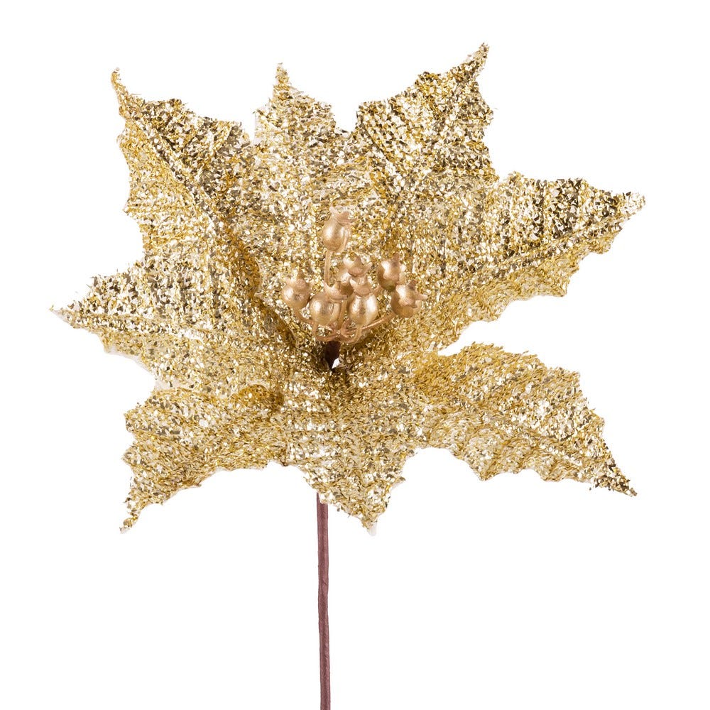 Clasic - Set 12 flori poinsettia aurii din textil cu petale acoperite cu sclipici fin ciorchine de perle și tijă