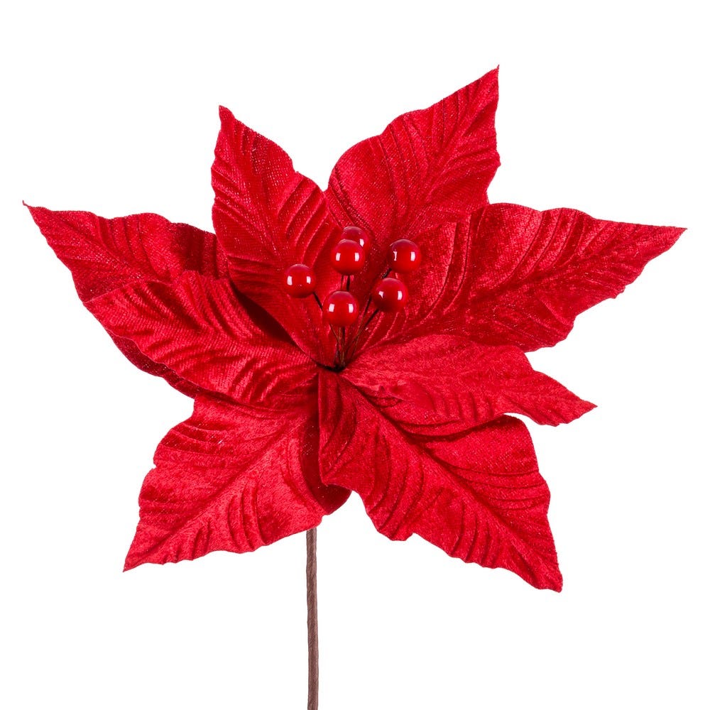 Clasic - Set 12 flori poinsettia roșii din textil cu petale mari cu aspect de catifea bobițe roșii și tijă