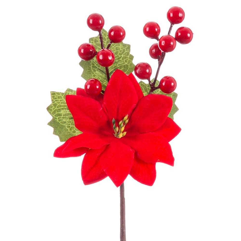 Clasic - Set 24 crenguțe de ilice cu floare poinsettia roșie frunze verzi și bobițe roșii lucioase din plastic