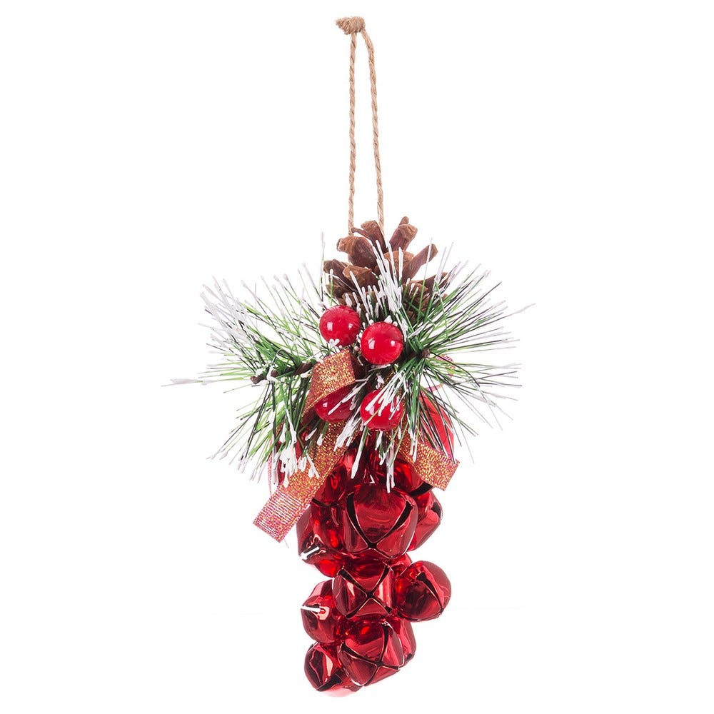 Clasic - Set 12 ciorchini de clopoței de metal roșii cu con de pin crenguțe boabe roșii și fundă