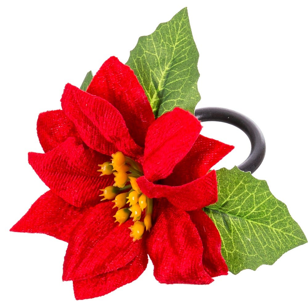 Craciun - Set 4 inele de șervețele cu poinsettia roșie și frunze verzi pe inel negru pentru masa de Crăciun