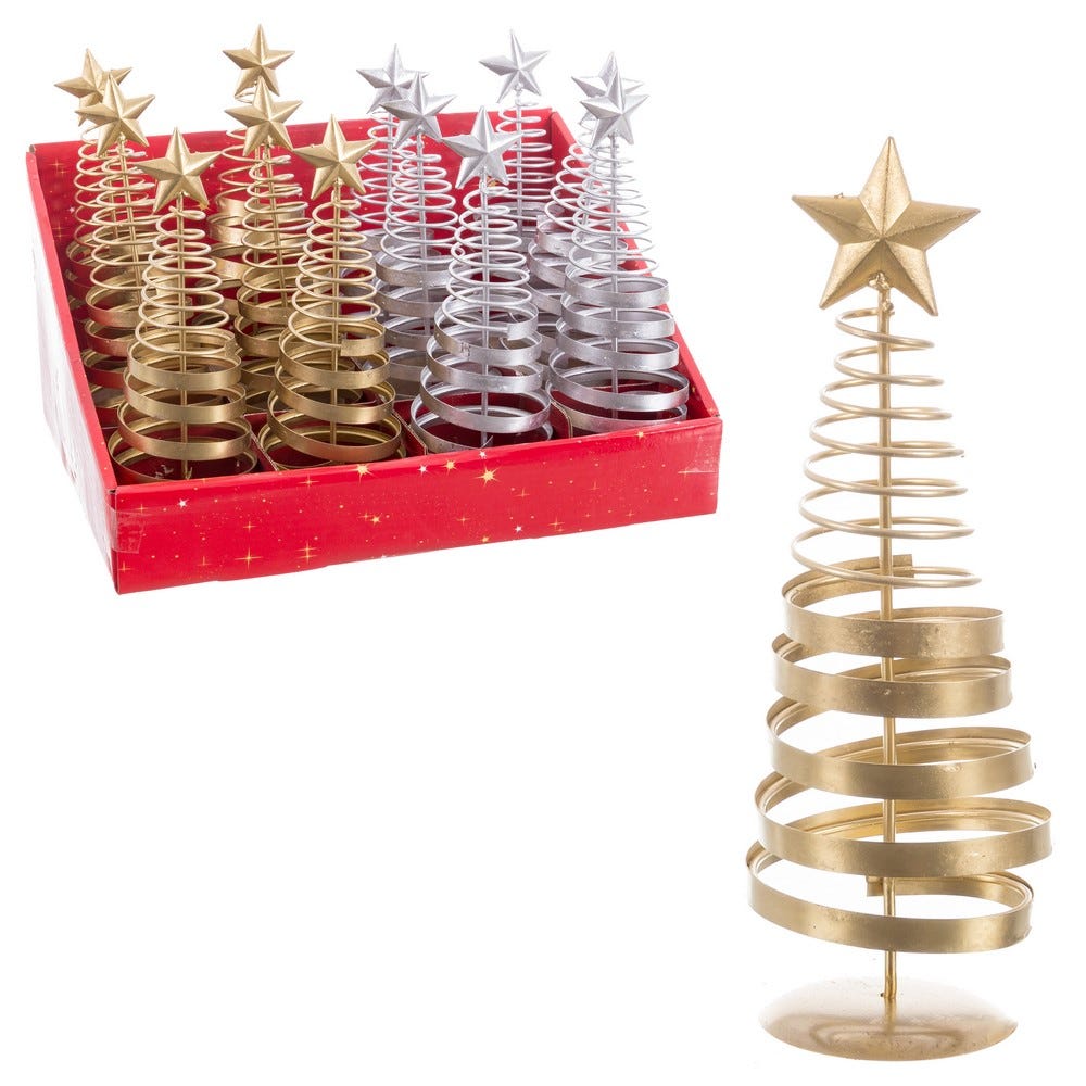 Stil de design - Set 2 brăduți din bandă metalică spiralată aurie și argintie cu stea pe vârf
