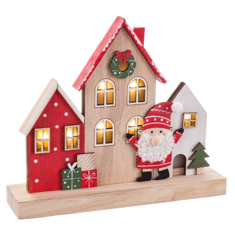 Obiecte decorative - Căsuțe din lemn cu lumină roșii și albe cu Moș Crăciun cu cadouri pe bază de lemn natural