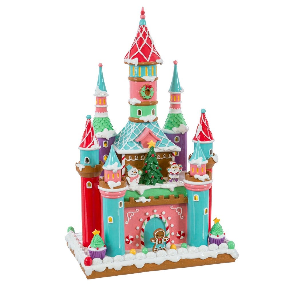 Clasic - Castel de turtă dulce din rășină cu lumină cu turnuri în roz verde și turcoaz cu omuleți