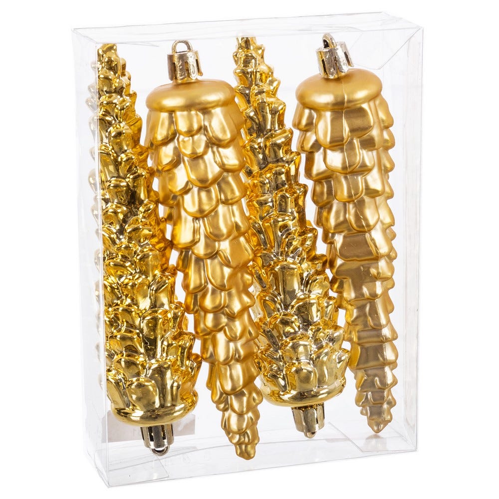 Clasic - Set 4 ornamente ananas aurii cu solzi în relief în finisaj mat și lucios în cutie transparentă