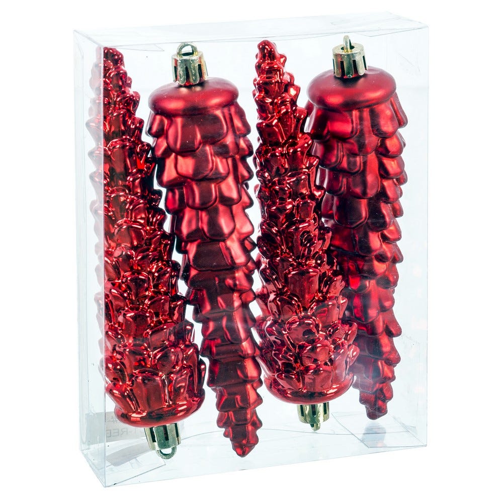 Clasic - Set 4 ornamente ananas roșii cu solzi în relief în finisaj mat și lucios în cutie transparentă