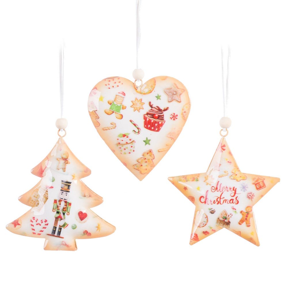 Clasic - Set 12 ornamente din metal cu stea brad și inimă pictate cu turtă dulce și spărgător de nuci