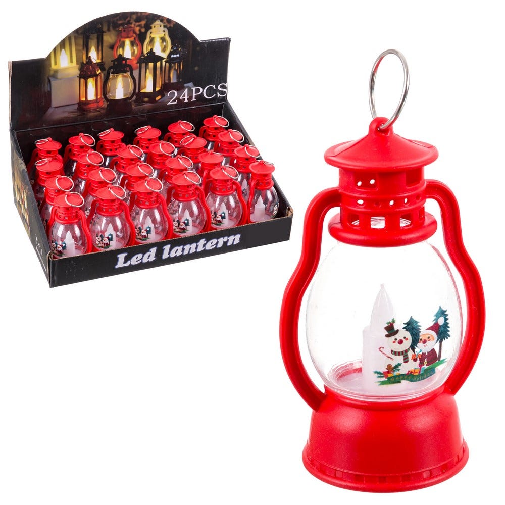 Clasic - Set 24 felinare mici roșii din plastic cu lumină cu omuleți de zăpadă în cutie de prezentare
