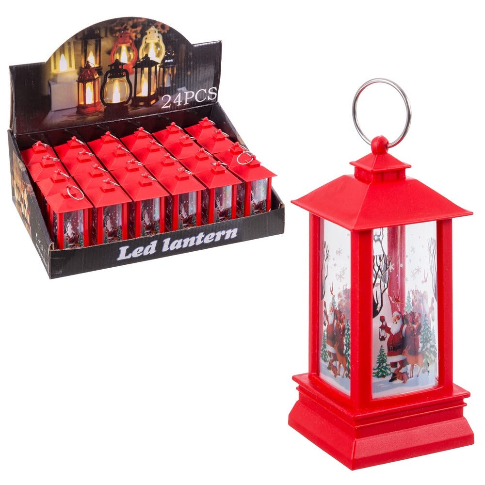 Clasic - Set 24 felinare înguste roșii din plastic cu lumină cu zăpadă și Moș Crăciun în cutie de prezentare