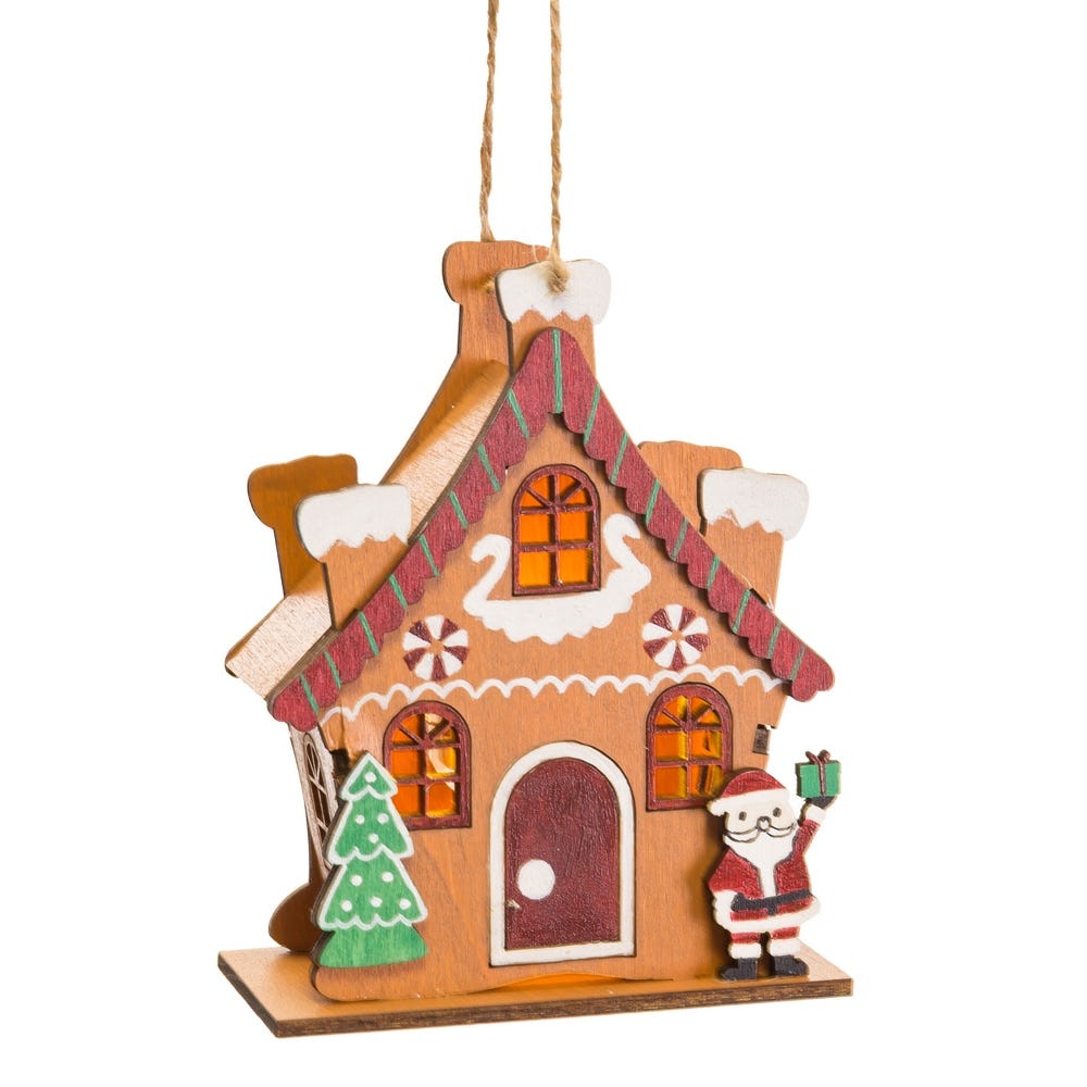 Clasic - Set 6 pandantive casa lui Moș Crăciun din lemn cu lumină cu aspect de turtă dulce cu brăduț