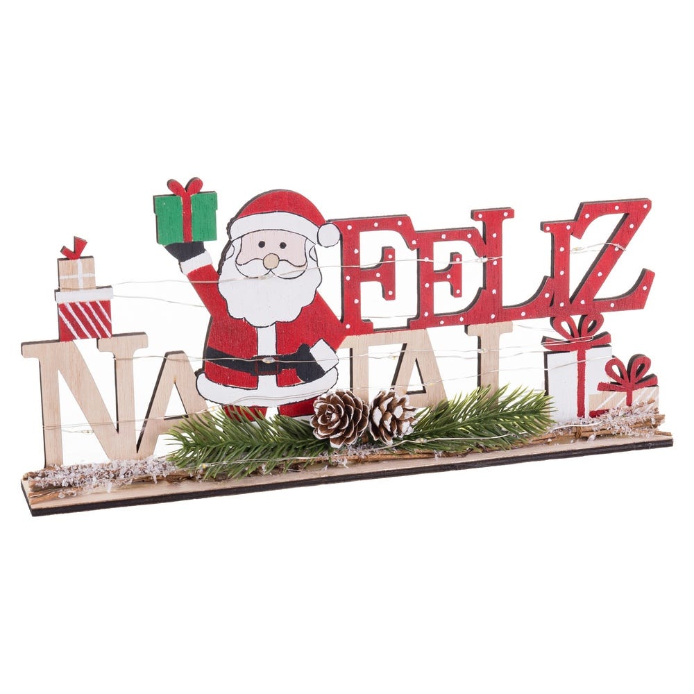 Clasic - Decor din lemn cu lumină cu Moș Crăciun cu daruri și inscripție Feliz Natal cu crenguțe de brad