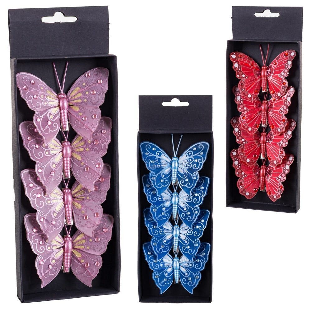 Craciun - Set 4 fluturi mici cu clips în trei culori mauve albastru sau roșu cu pietricele în cutie neagră