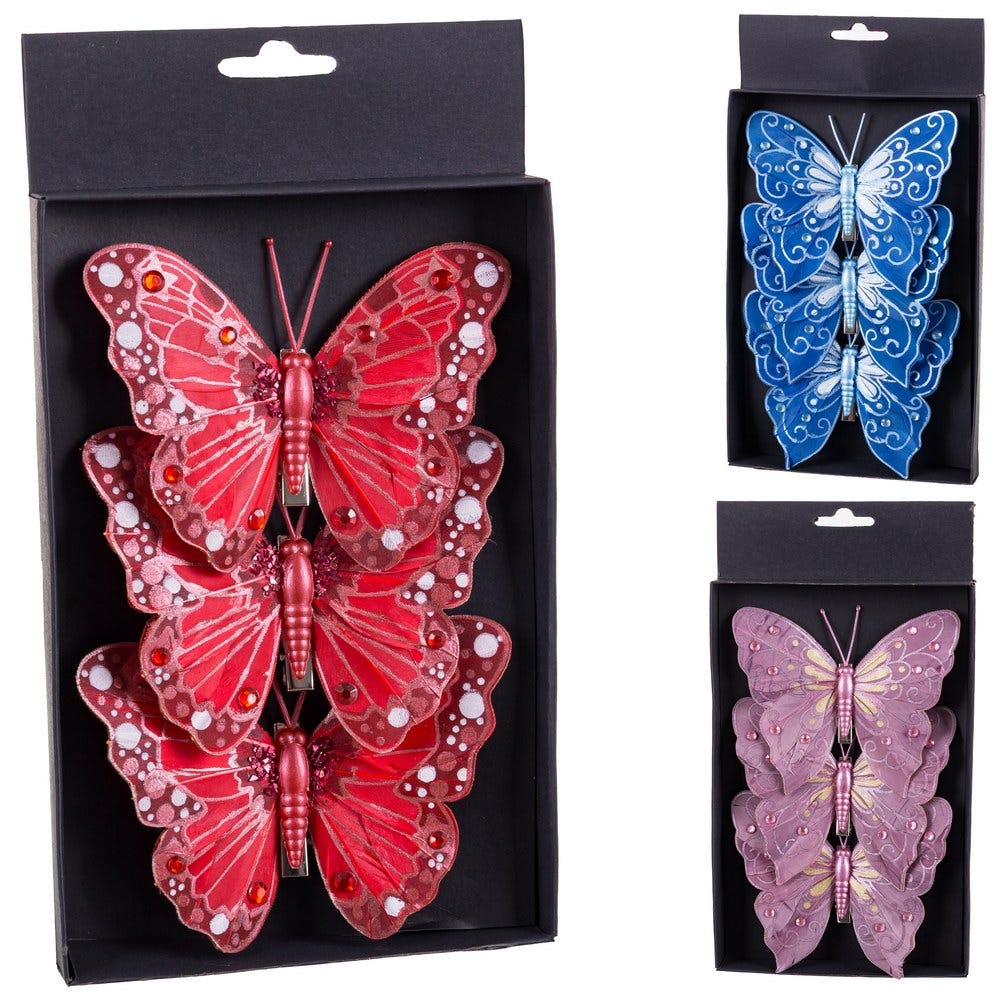 Clasic - Set 3 fluturi cu clips în trei culori roșu albastru sau mauve cu pietricele în cutie neagră