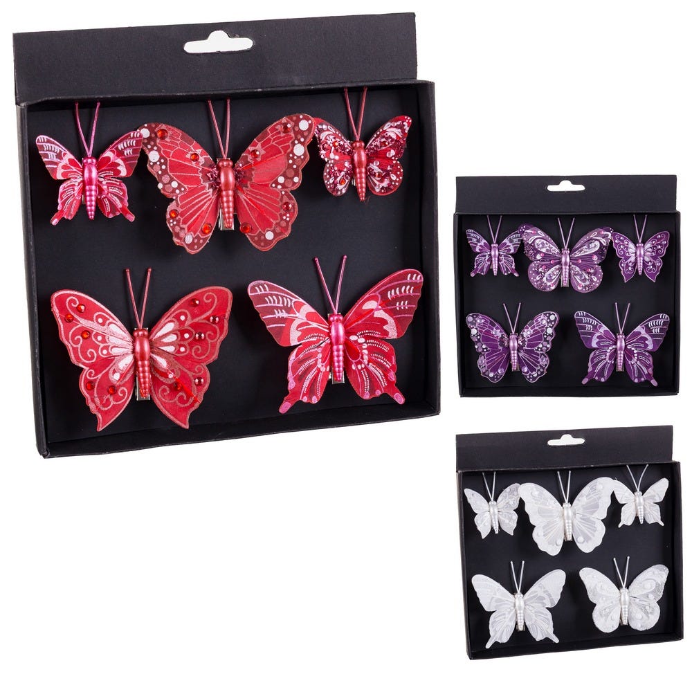 Craciun - Set 5 fluturi cu clips în două mărimi roșu mov sau alb în cutie neagră
