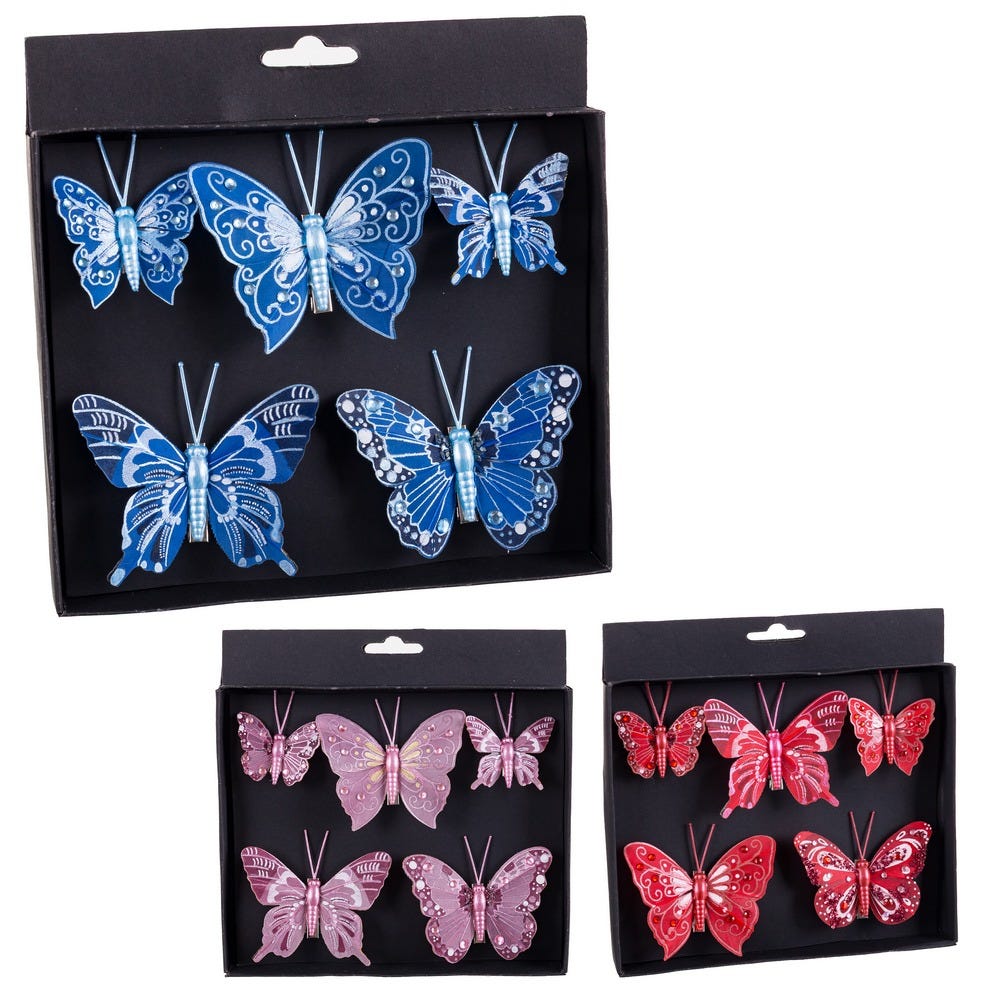 Craciun - Set 5 fluturi cu clips în două mărimi albastru mauve sau roșu în cutie neagră cu desene fine