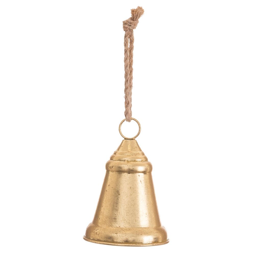 Clasic - Set 4 clopote aurii din metal cu corp zvelt margine largă aspect de foiță veche și funie