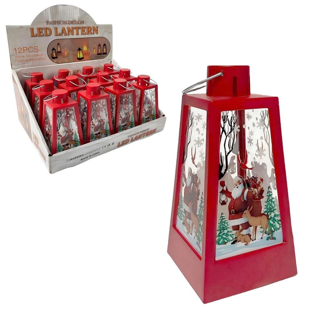 Clasic - Set 12 felinare trapezoidale roșii din plastic cu lumină cu Moș Crăciun și ren în geamuri