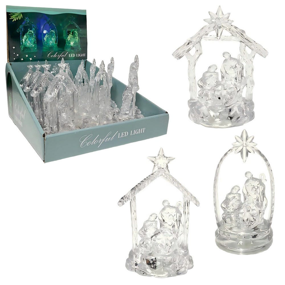 Clasic - Set 12 scene ale Nașterii transparente din plastic cu lumină multicoloră în trei modele