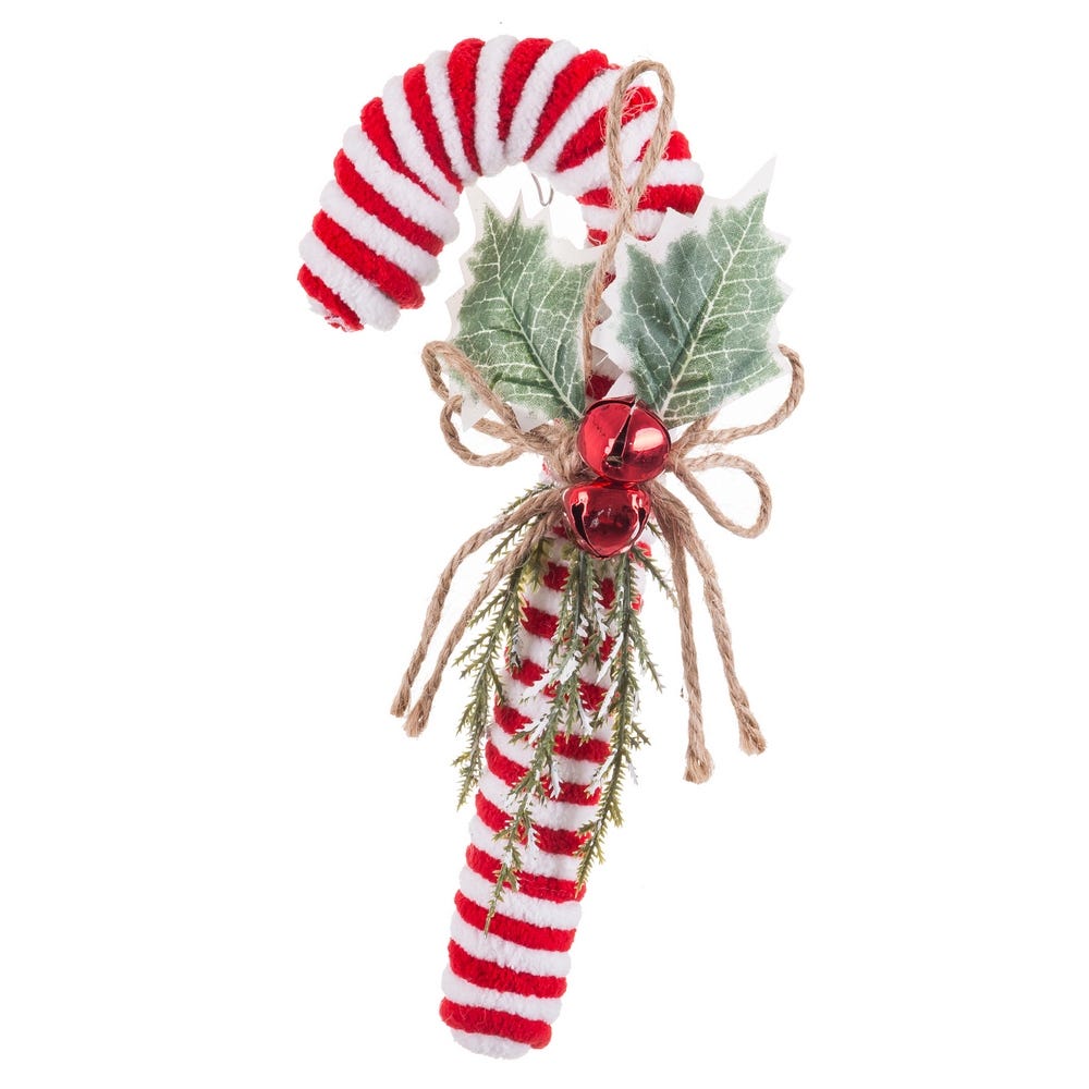 Clasic - Set 12 ornamente baston în dungi roșu cu alb cu frunze de ilex clopoțel și șnur de iută