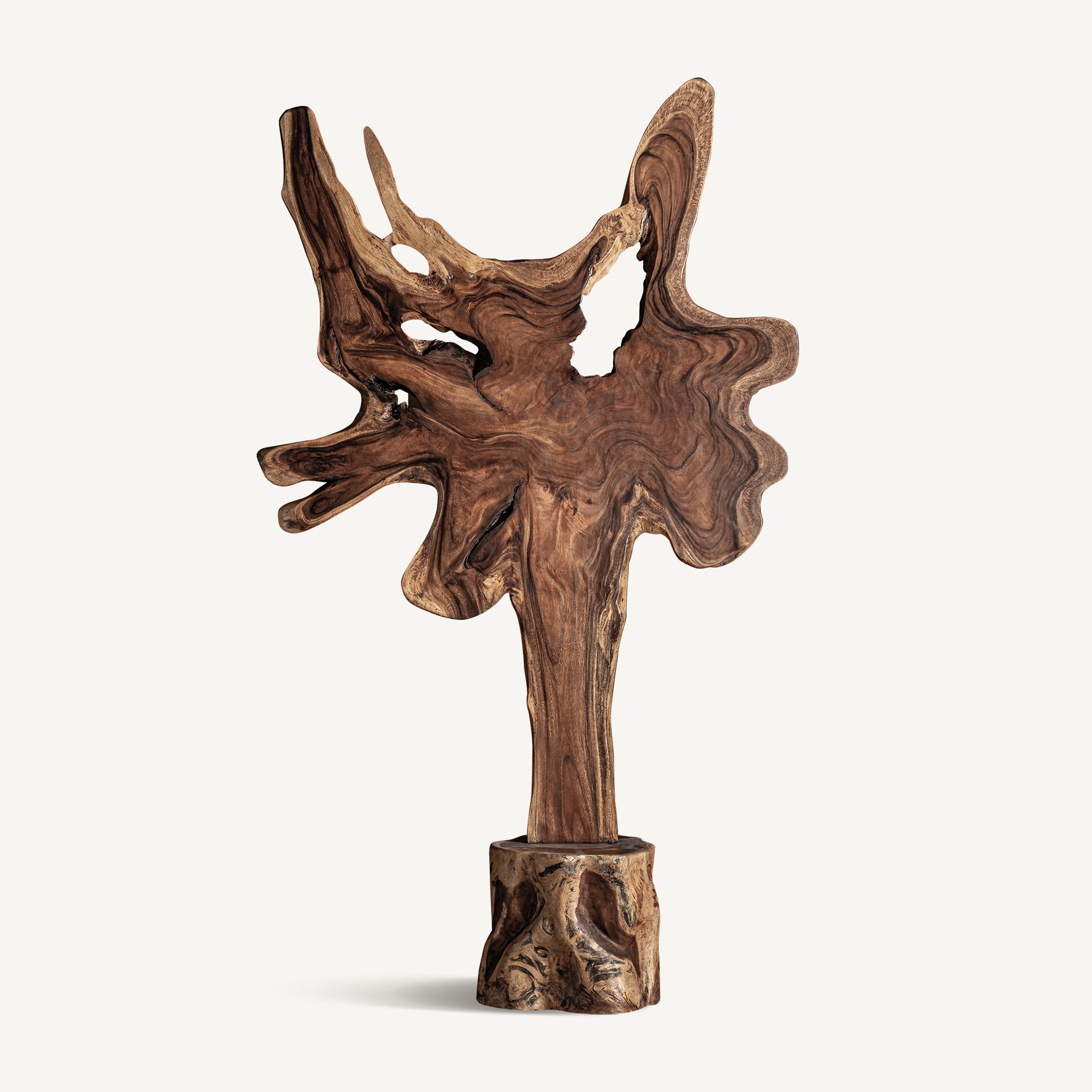 Obiecte decorative - Sculptură din felie de lemn de suar cu margini valurite, goluri naturale și soclu din trunchi