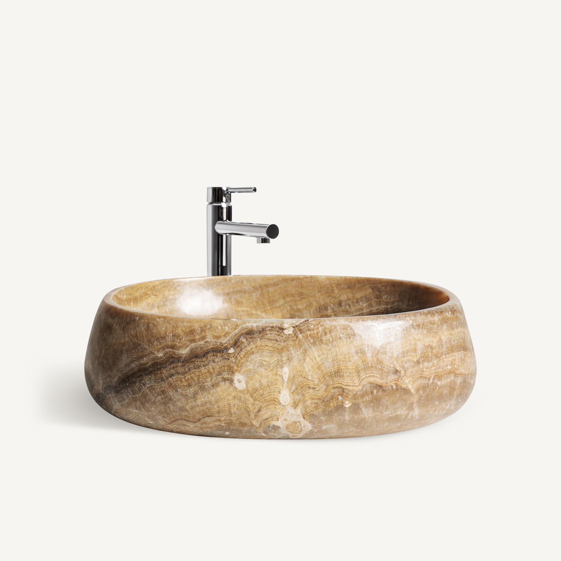 Organic - Lavoar oval din onix cu vene în valuri de miere și caramel și robinet cromat înalt