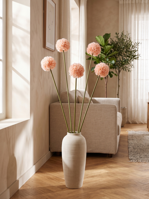 Allium artificial roz somon cu cap sferic din petale înguste pe tijă verde de 110 cm [2]