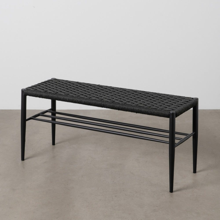 Bancă neagră din metal cu șezut împletit din sfoară și raft deschis [7]
