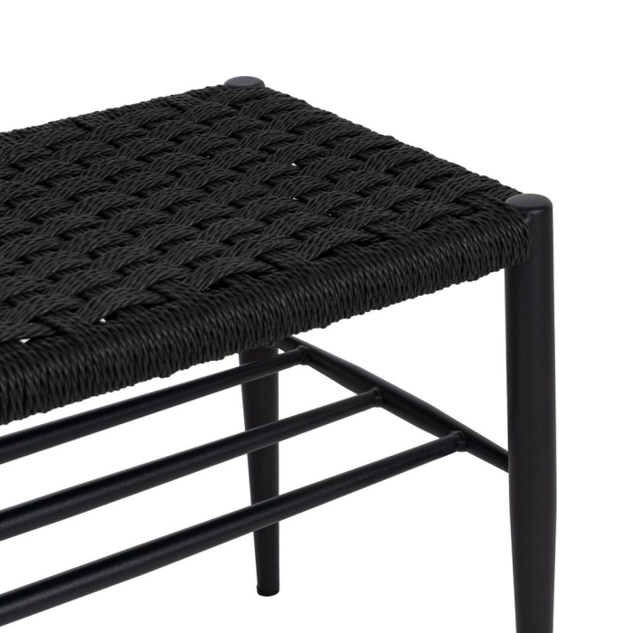 Bancă neagră din metal cu șezut împletit din sfoară și raft deschis [4]