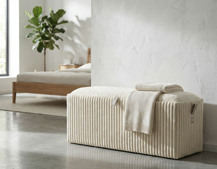 Banchetă tapițată albă cu spațiu de depozitare textură plisată design modern [2]