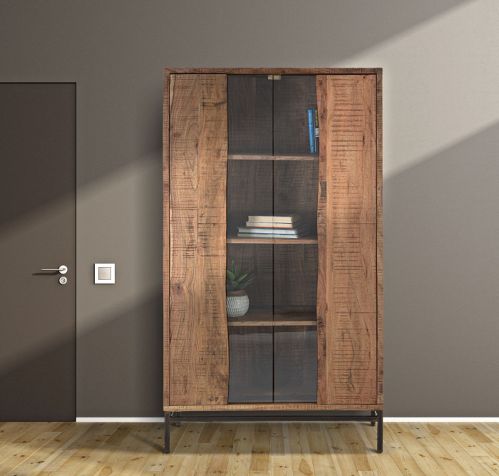 Biblioteca lemn masiv salcam usi laterale geam Yellowstone 100x40x185 - CreativDeco.ro [6]