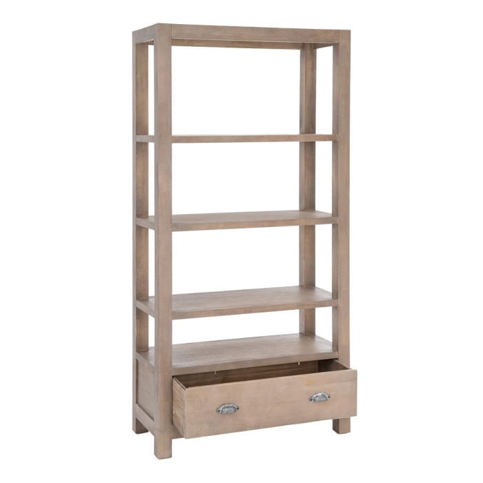 Bibliotecă din lemn de pin cu aspect natural cu patru polite deschise si sertar inferior [4]