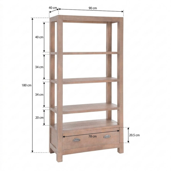 Bibliotecă din lemn de pin cu aspect natural cu patru polite deschise si sertar inferior [13]