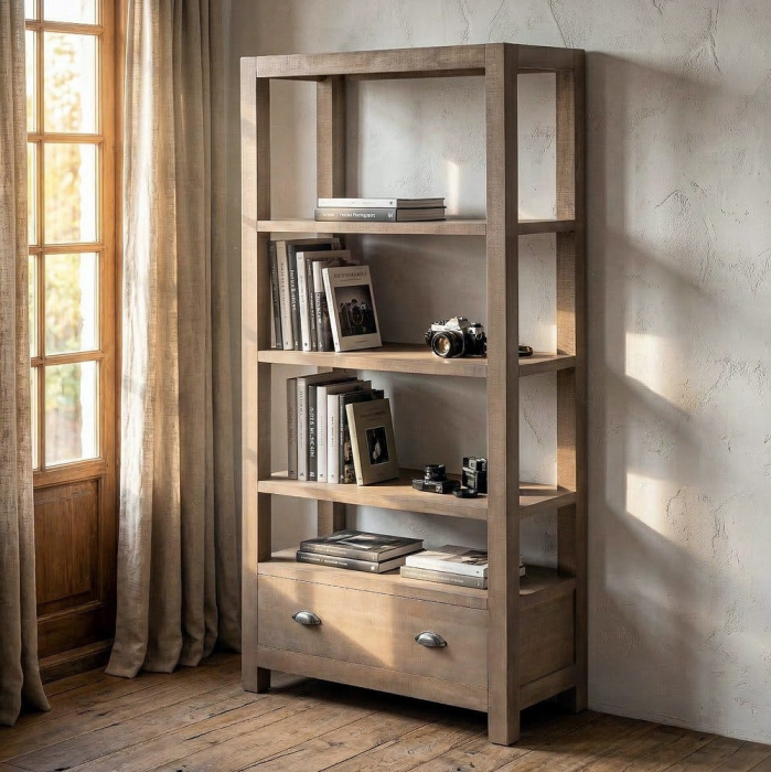 Bibliotecă din lemn de pin cu aspect natural cu patru polite deschise si sertar inferior [1]