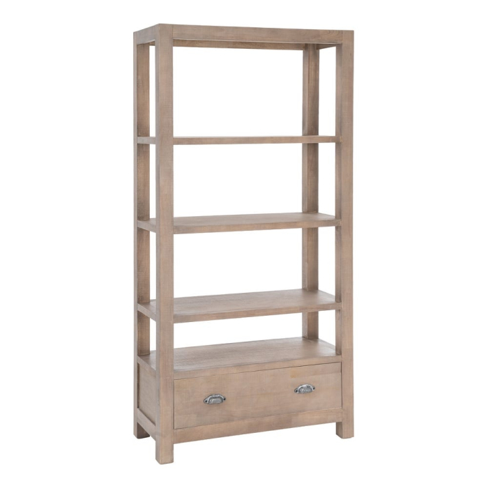 Bibliotecă din lemn de pin cu aspect natural cu patru polite deschise si sertar inferior [3]